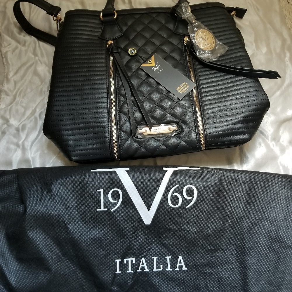 Versace 1969 Black Leather Purse Gold Accents